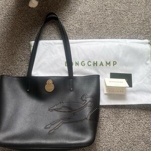 Longchamp Black Leather Tote with Embossed Horse